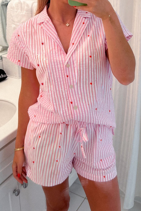 Pink Striped Heart Print Shirt and Shorts Pajama Set