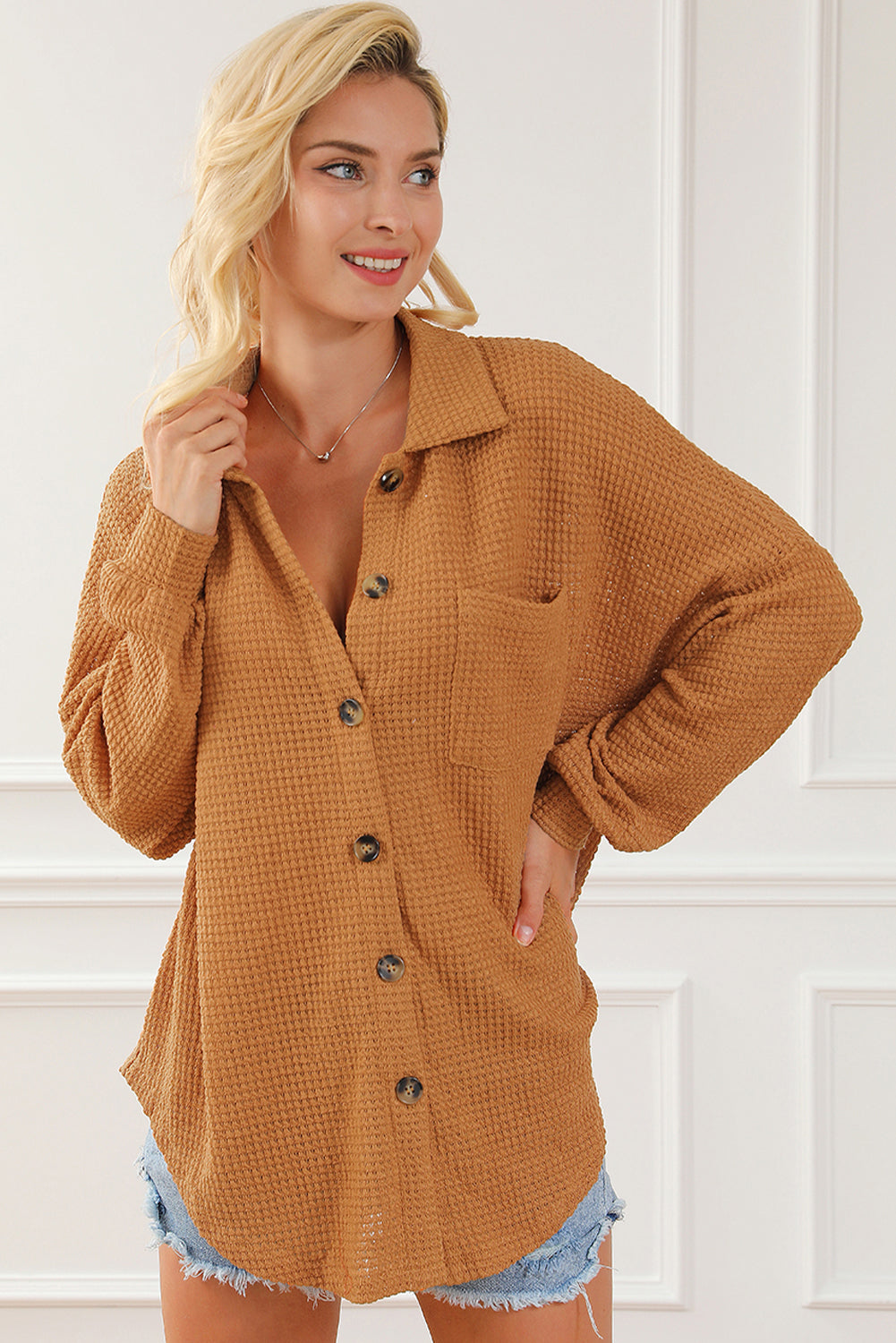 Plus Size Chest Pocket Waffle Knit Shirt