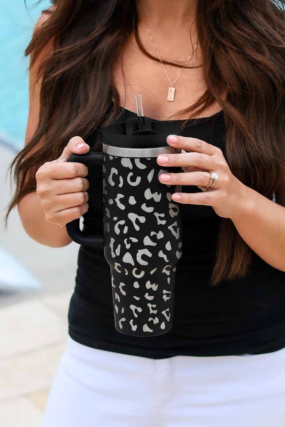Black Leopard Print 40OZ Stainless Steel Portable Cup with Handle