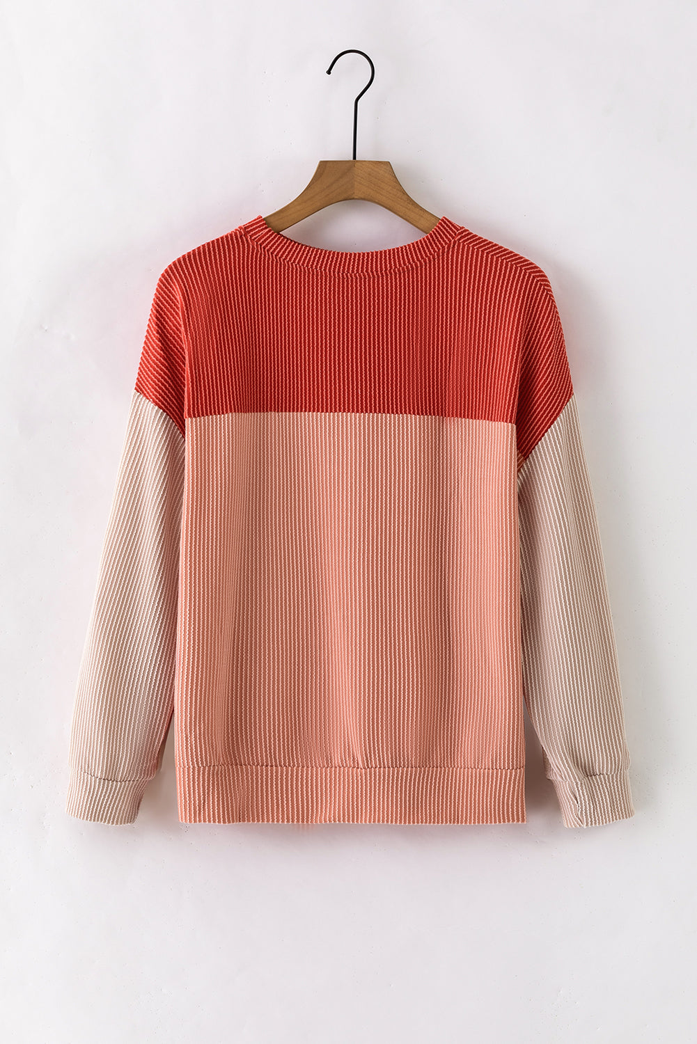 Fiery Red Color Block Long Sleeve Ribbed Loose Top