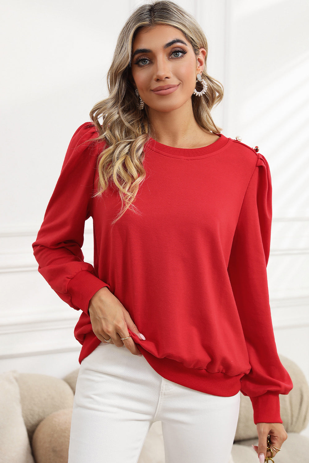 Button Tab Detail Round Neck Long Sleeve Top