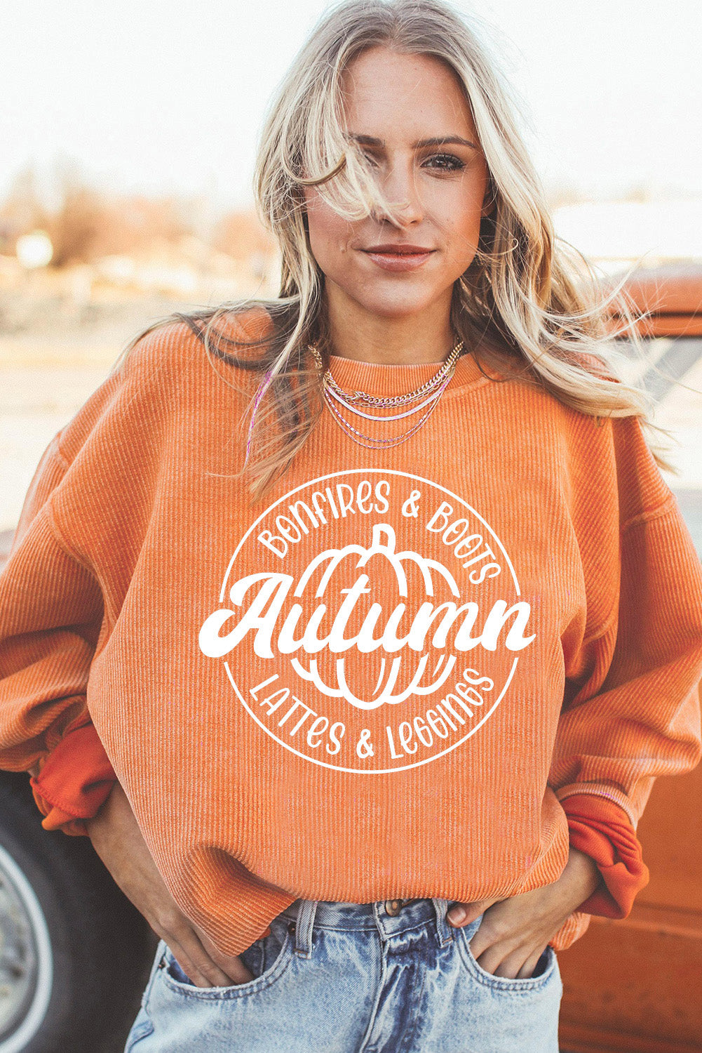 Pumpkin Graphic Print Corded Oversized Sweatshirt