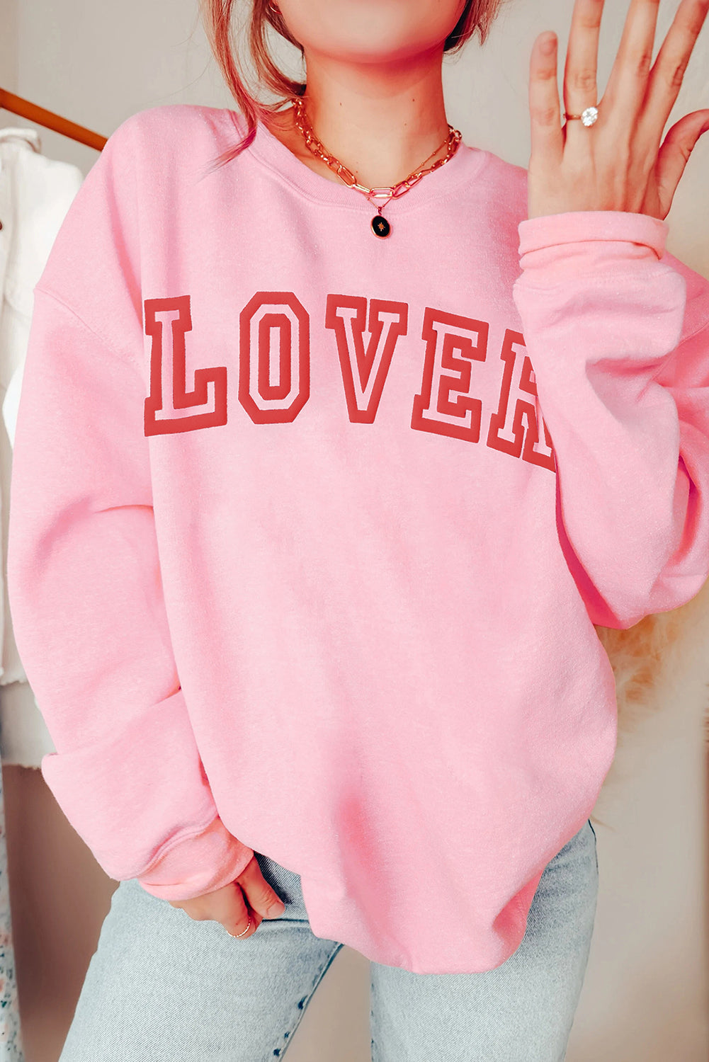 Pink LOVER Letter Graphic Drop Shoulder Pullover Sweatshirt