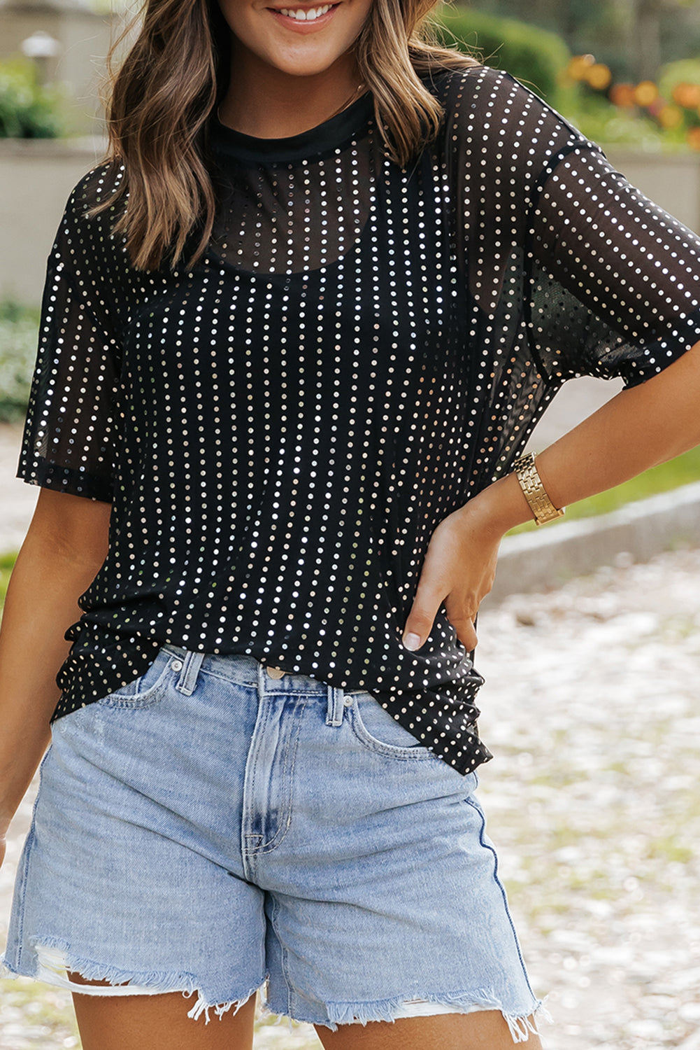 Sequin Drop Shoulder Sheer T-shirt