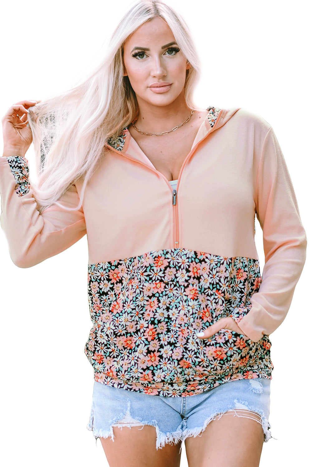 Pink Floral Patch Half Zip Kangaroo Pocket Hoodie