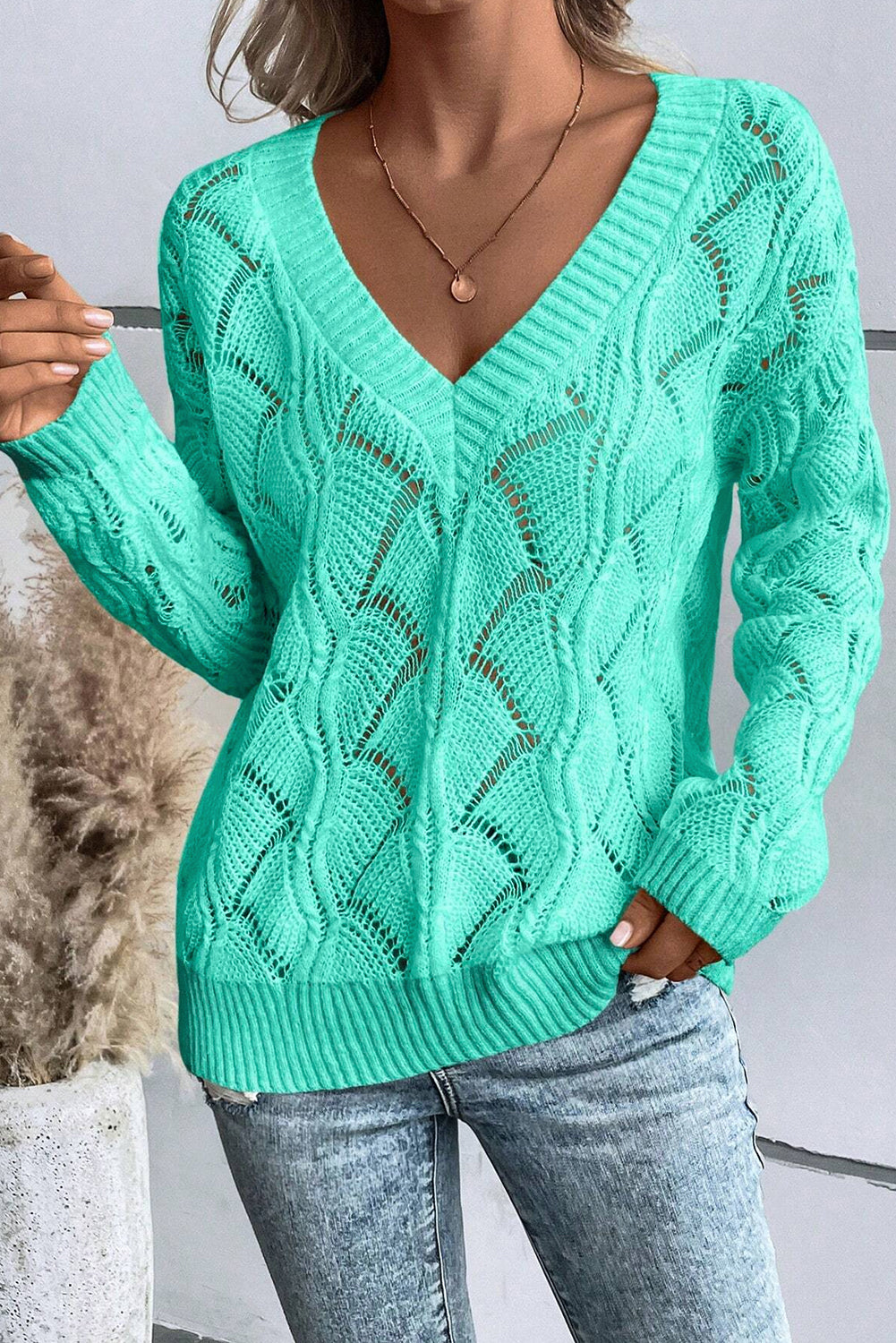 Knit Hollow Out V Neck Drop Shoulder Sweater