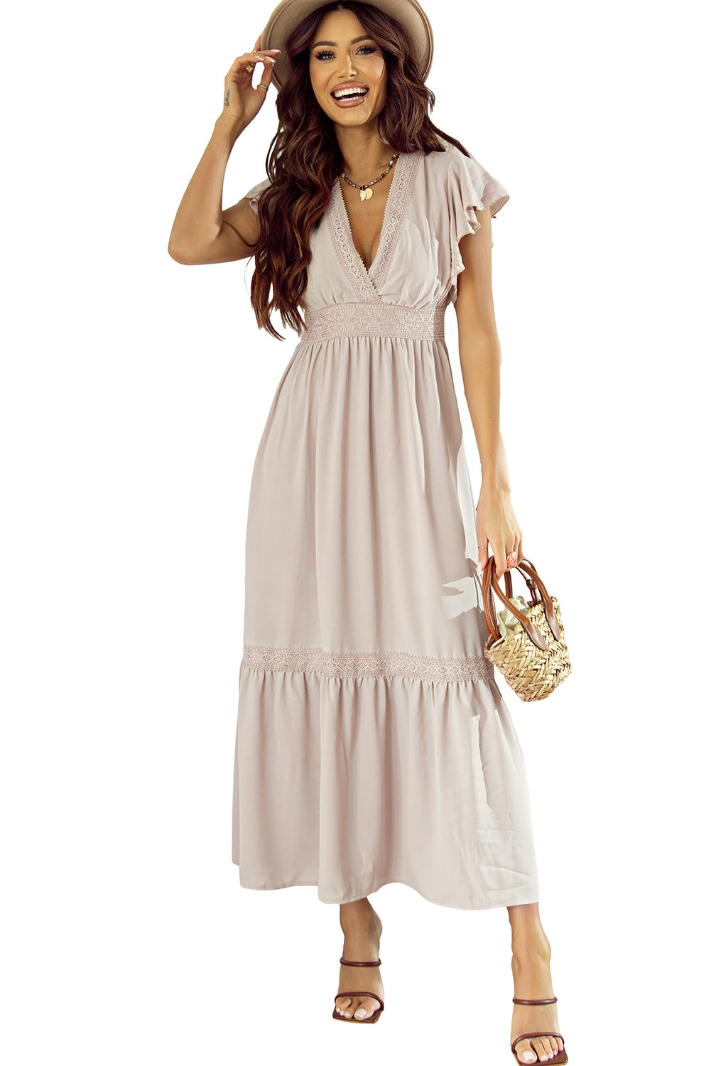 Lace V Neck Ruffled Sleeve Empire Waist Dress