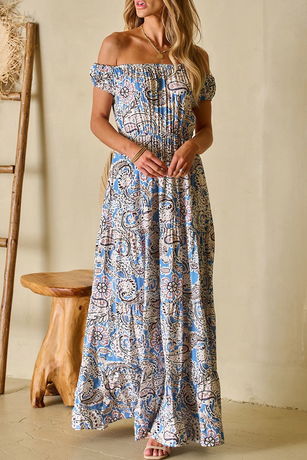 Boho Paisley Print Off Shoulder Maxi Dress