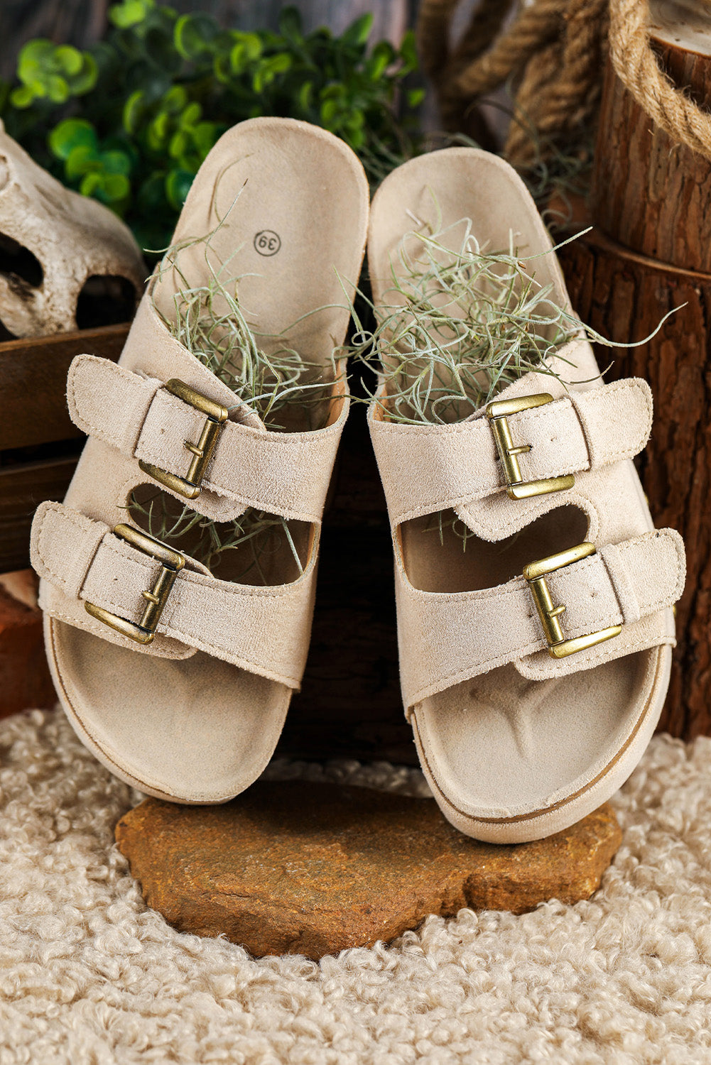 Beige Suede Buckle Decor Footbed Sandal Slippers