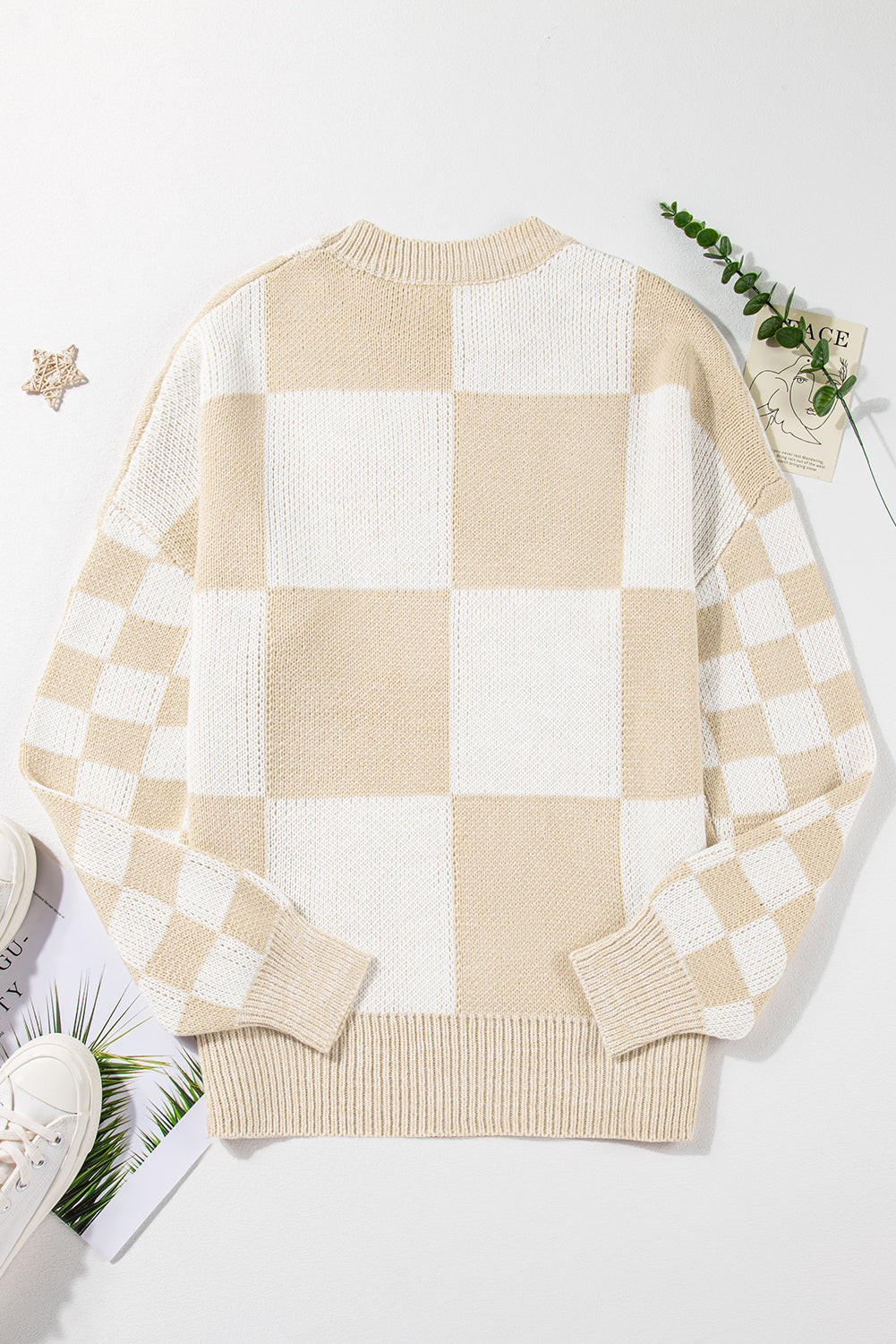 Plaid Knitted Drop Shoulder Sweater