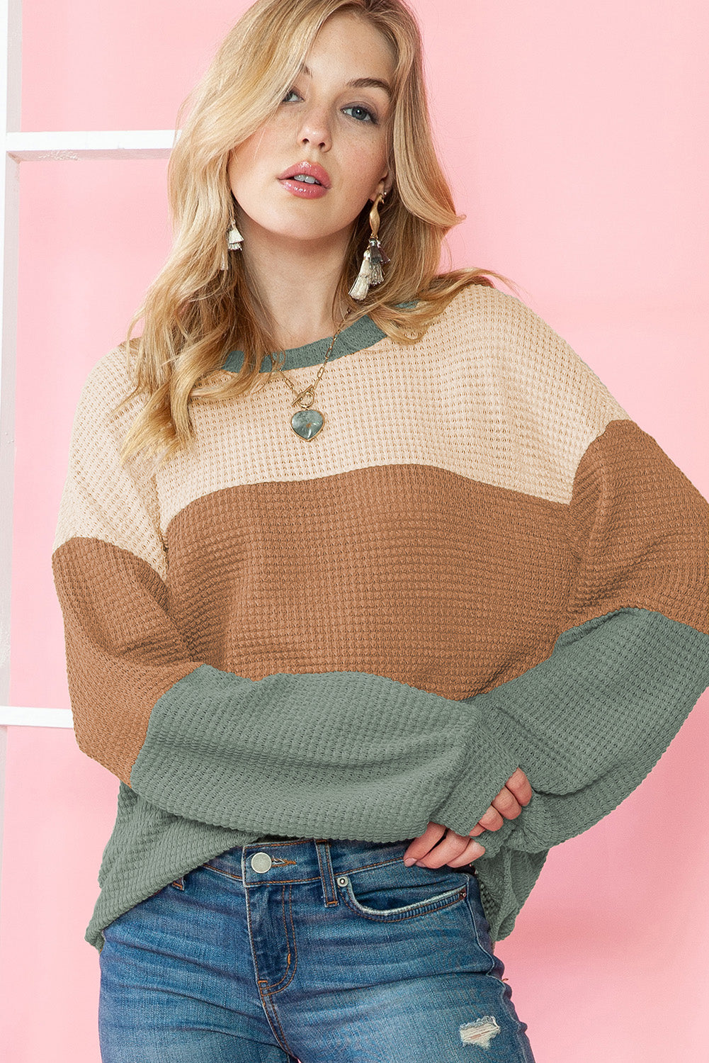 Waffle Knit Color Block Drop Sleeve Loose Top