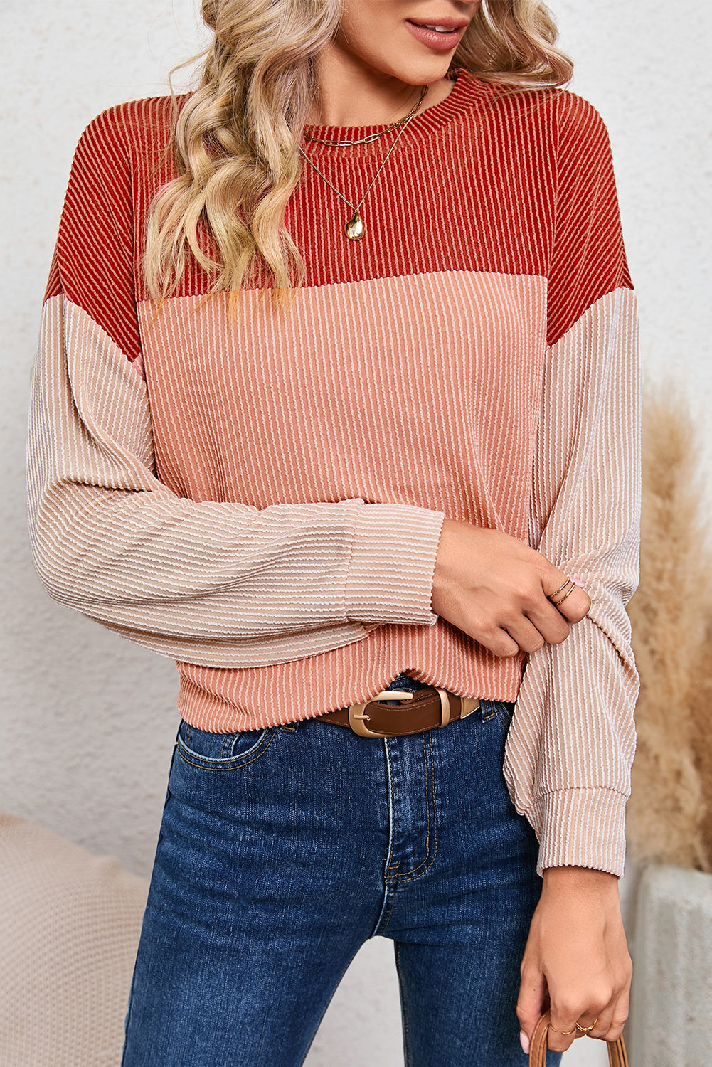 Ribbed Color Block Long Sleeve Top