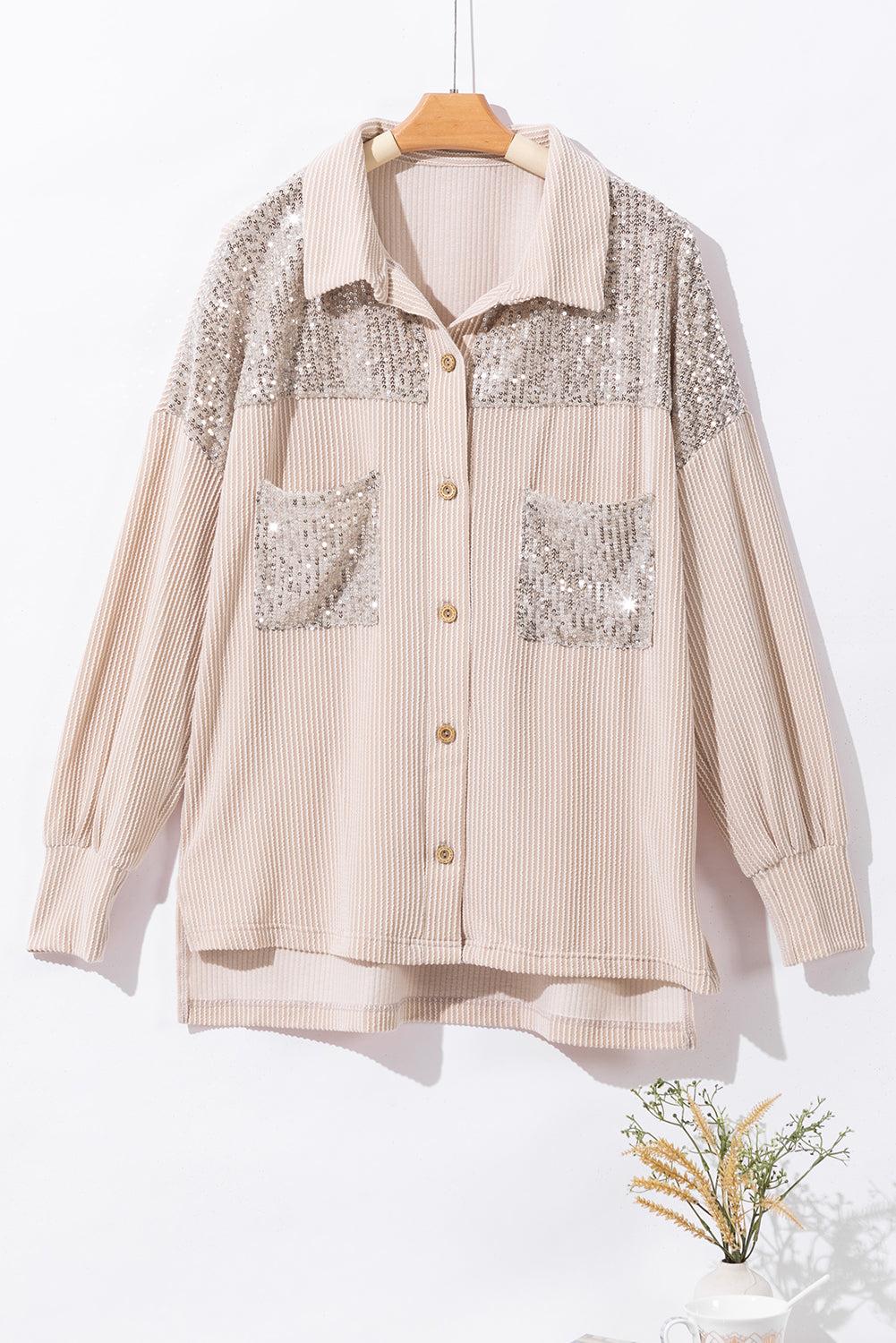 Sequin Patch Chest Pocket Corded Shacket