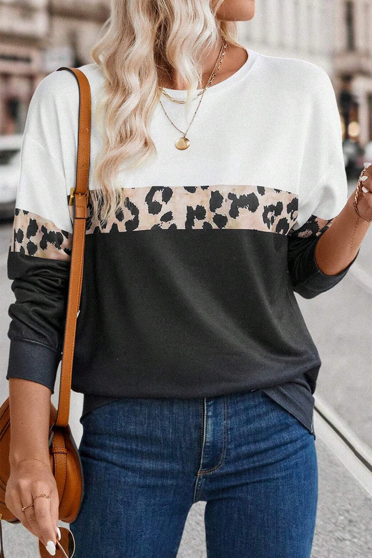 Leopard Colorblock Round Neck Long Sleeve Top