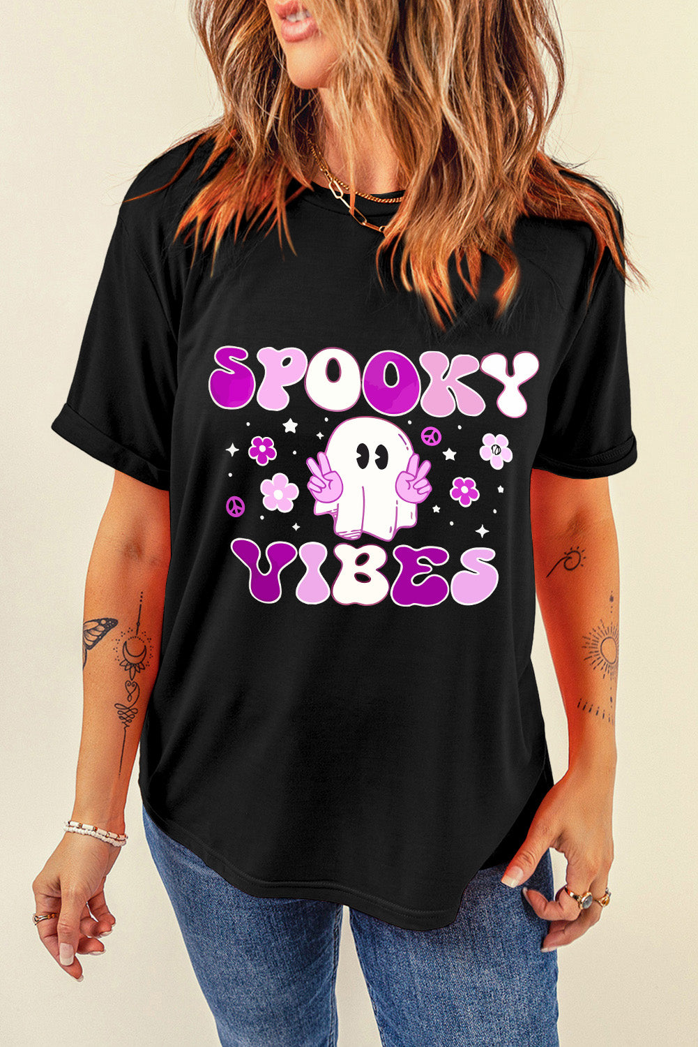 SPOOKY VIBES Ghost Flower Graphic Crew Neck T Shirt