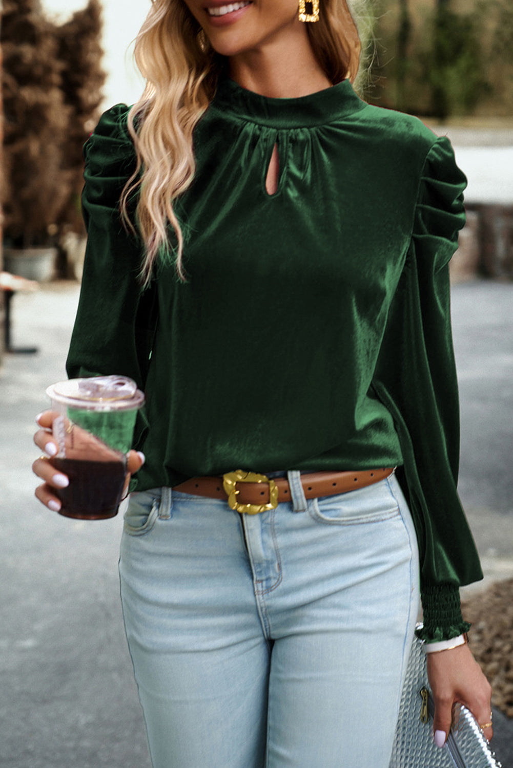 Keyhole Neck Puff Sleeve Velvet Blouse