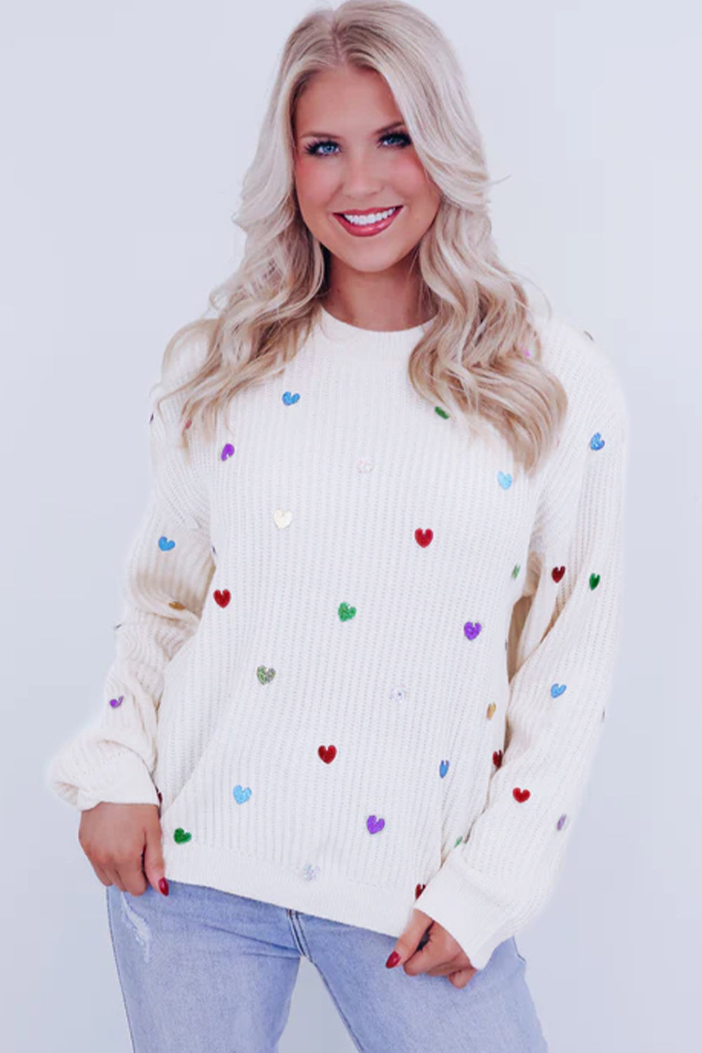 Sequin Heart Pattern Round Neck Knit Sweater