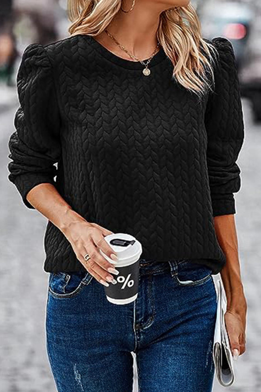 Quilted Puff Sleeve Sweatshirt