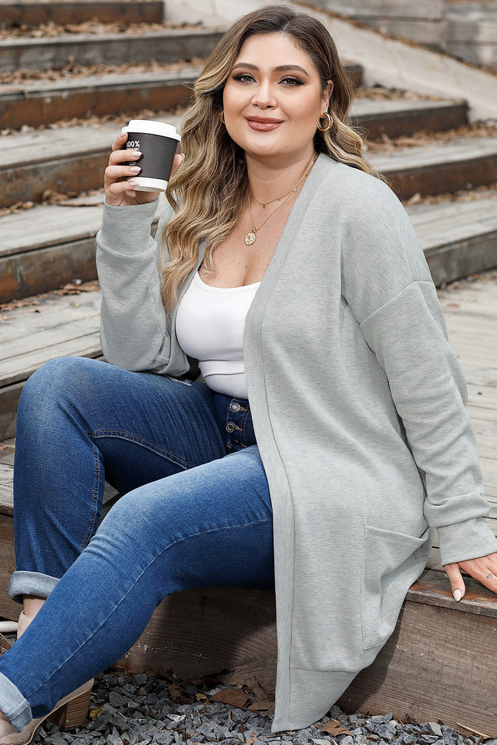 Thermal Knit Pocketed Plus Size Cardigan