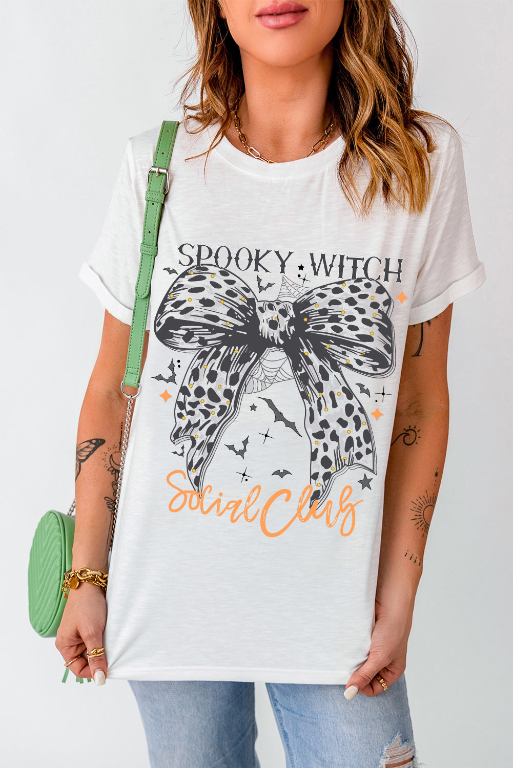 Halloween SPOOKY WITCH Leopard Bowknot Bat GraphicT Shirt