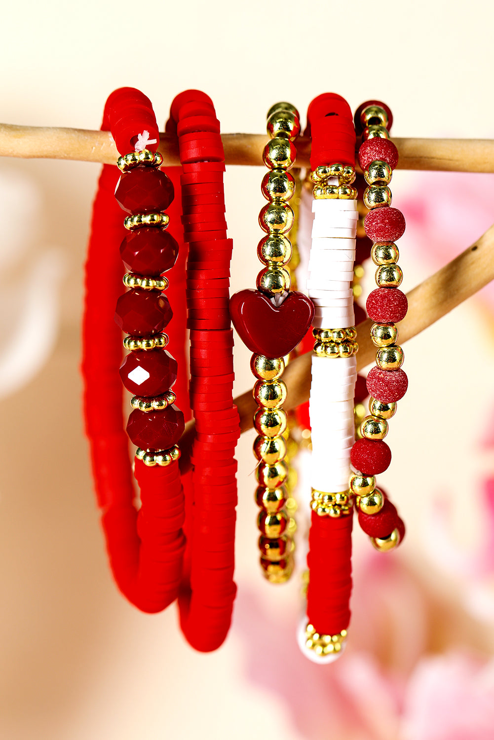 Fiery Red Beaded Heart Stackable Bracelet