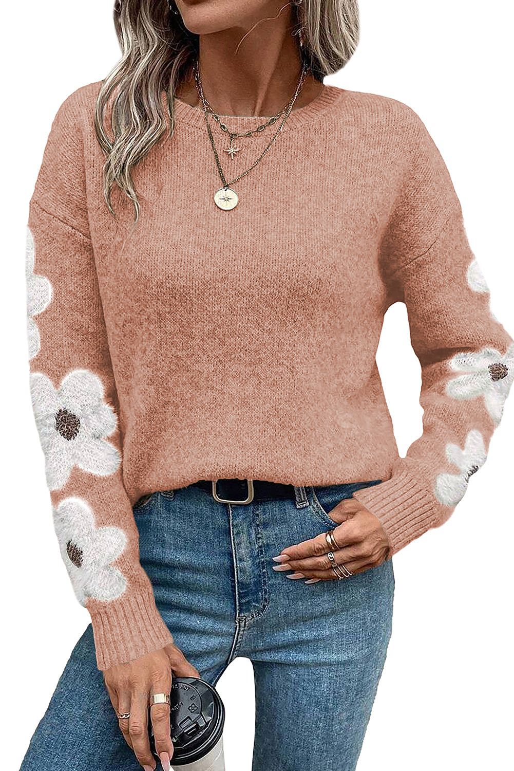 Flower Sleeve Drop Shoulder Sweater