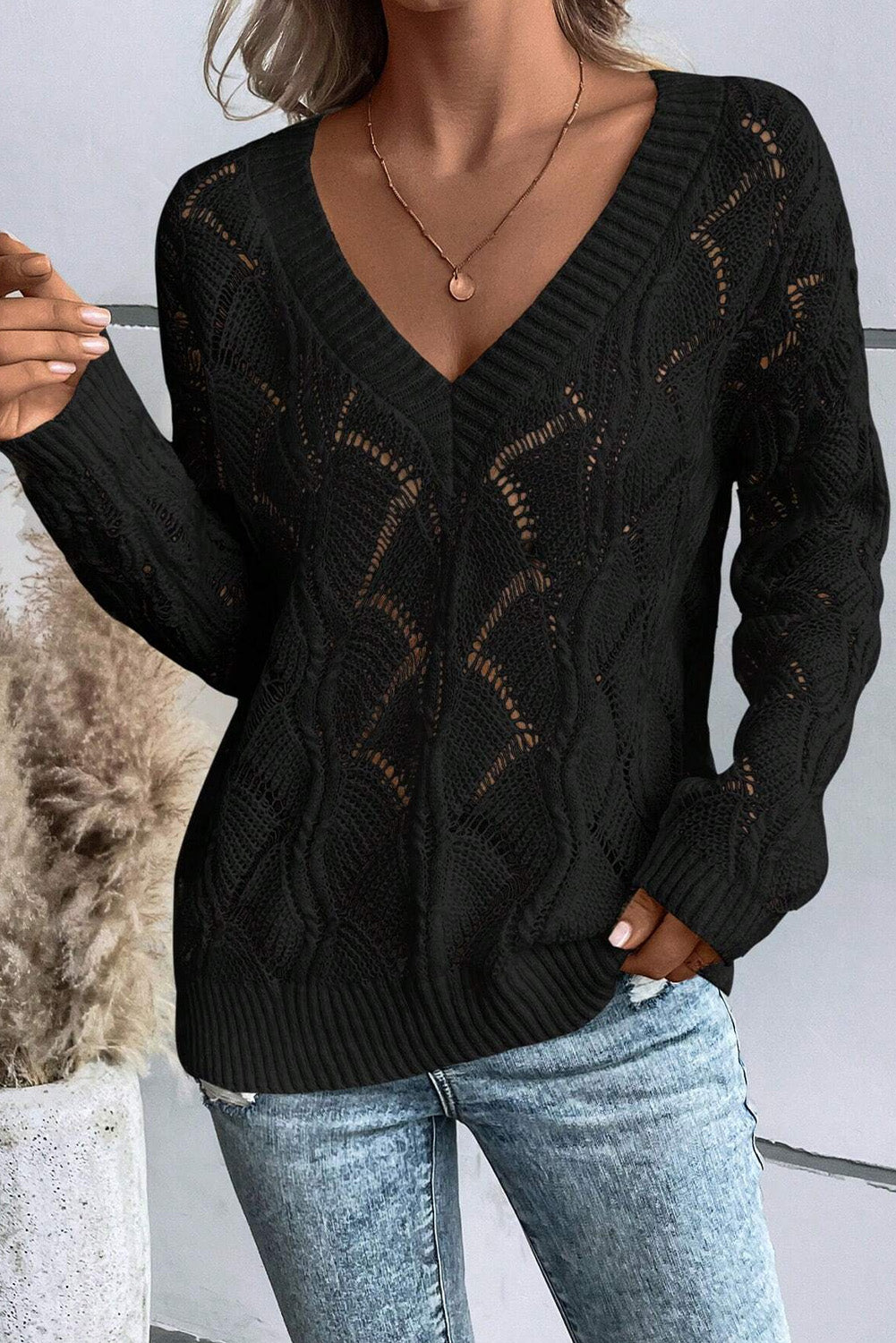 Knit Hollow Out V Neck Drop Shoulder Sweater