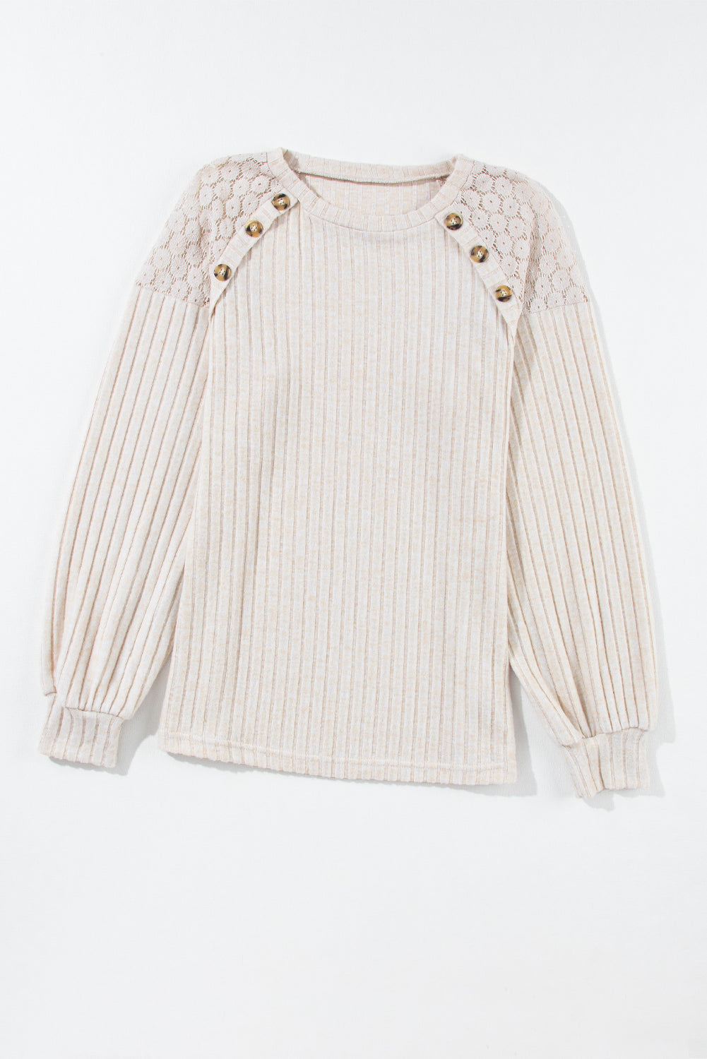 Contrast Lace Raglan Sleeve Buttoned Ribbed Top