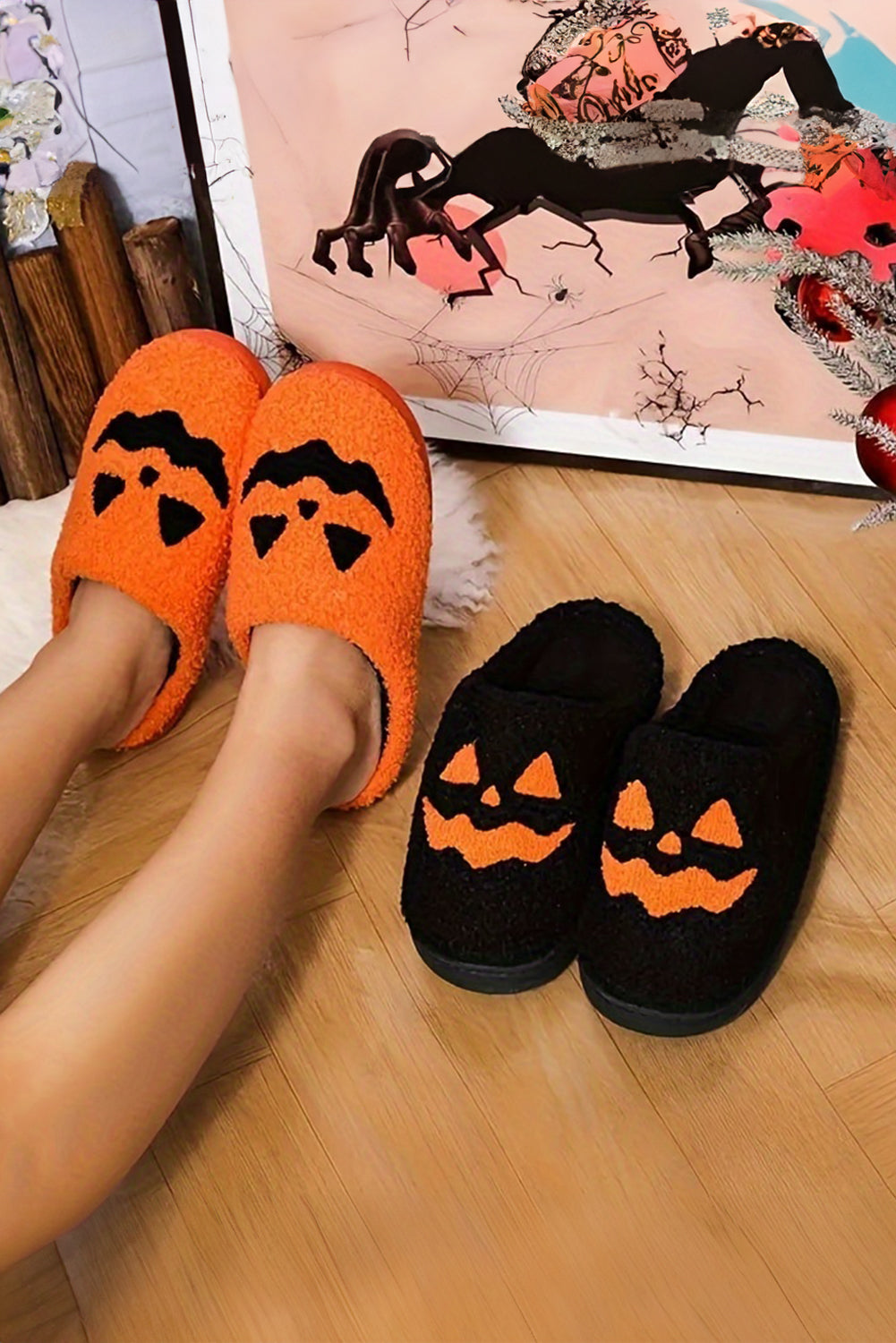 Halloween Pumpkin Face Graphic Plush Slippers