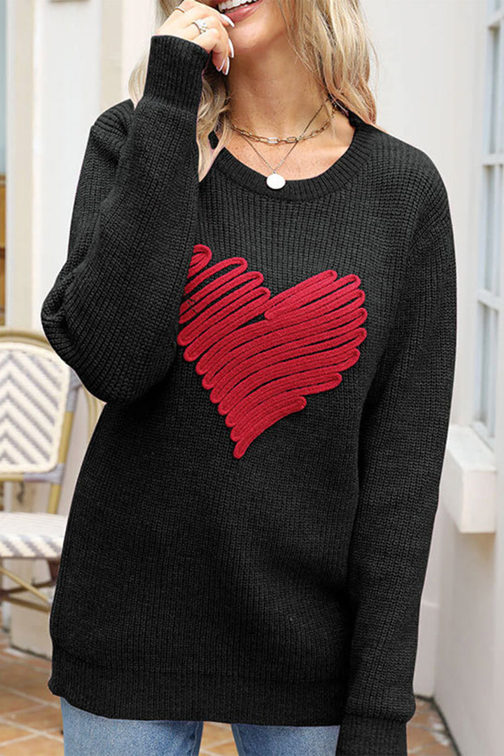 Black Valentines Heart Sketch Round Neck Sweater