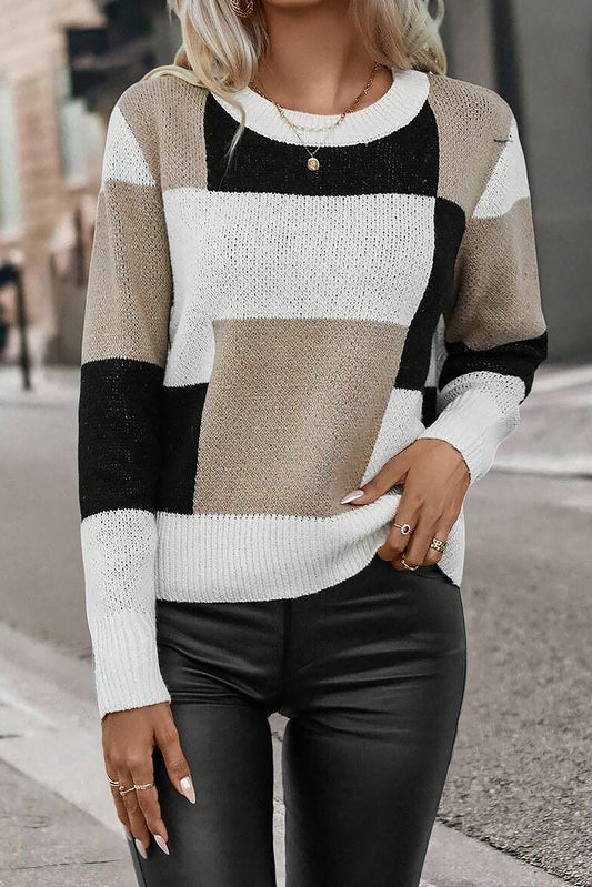 Checkered Colorblock Round Neck Knit Sweater