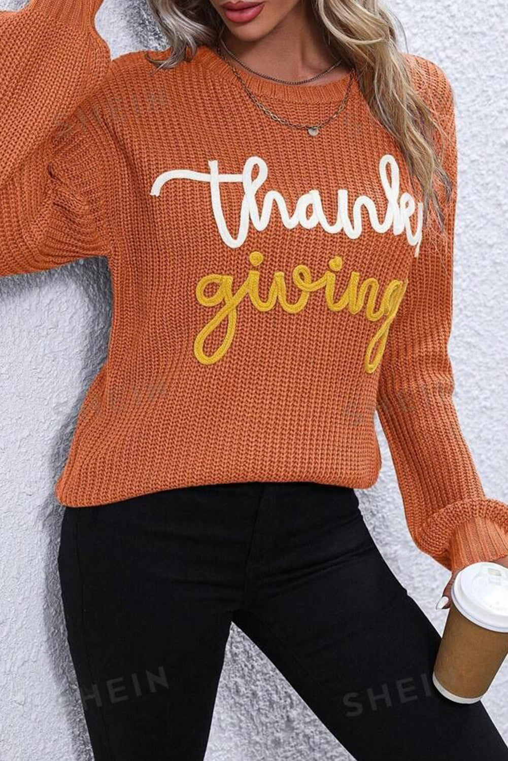 Flame Thanksgiving Letter Graphic Crew Neck Sweater