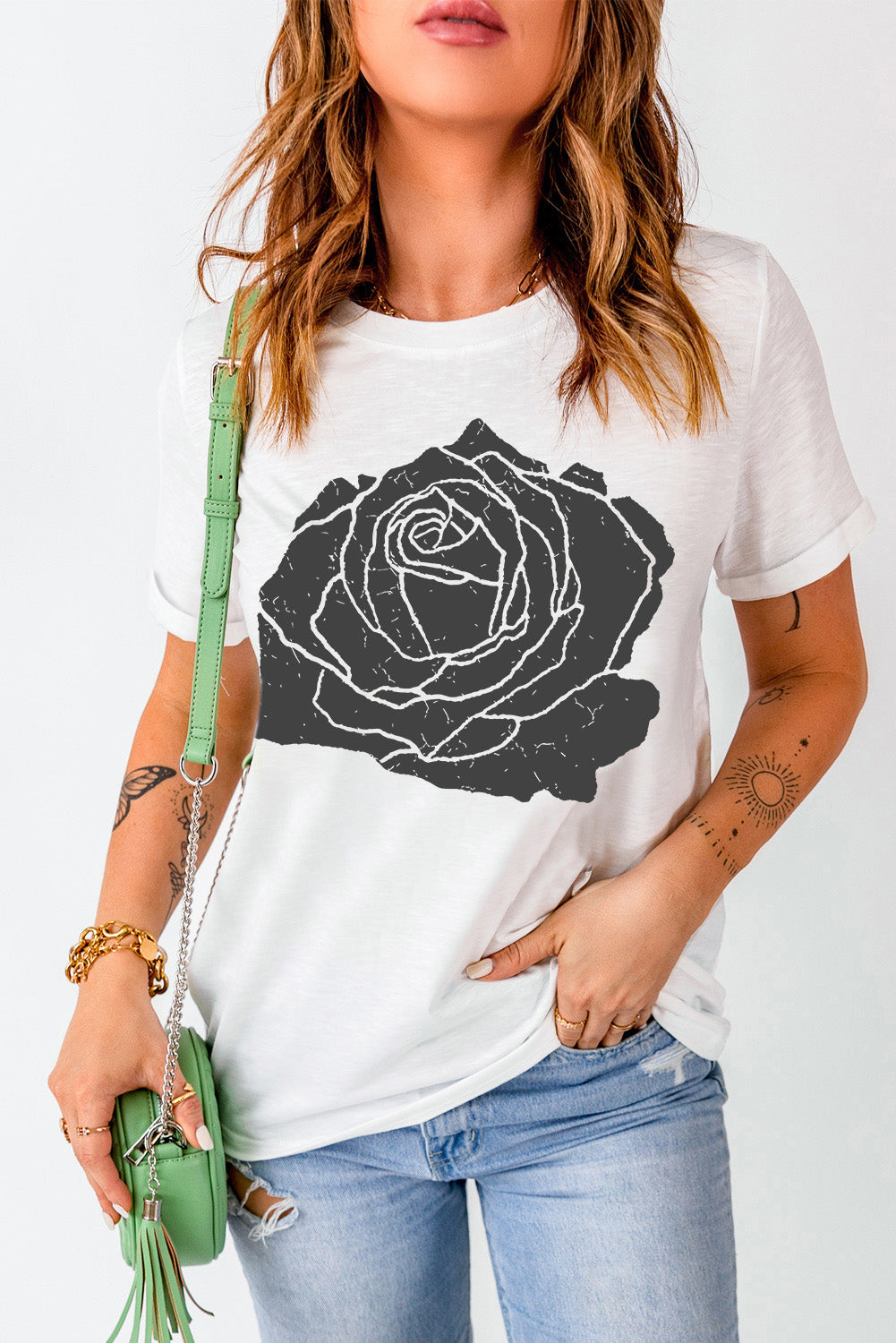 Large Rose Graphic Crew Neck T Shirt