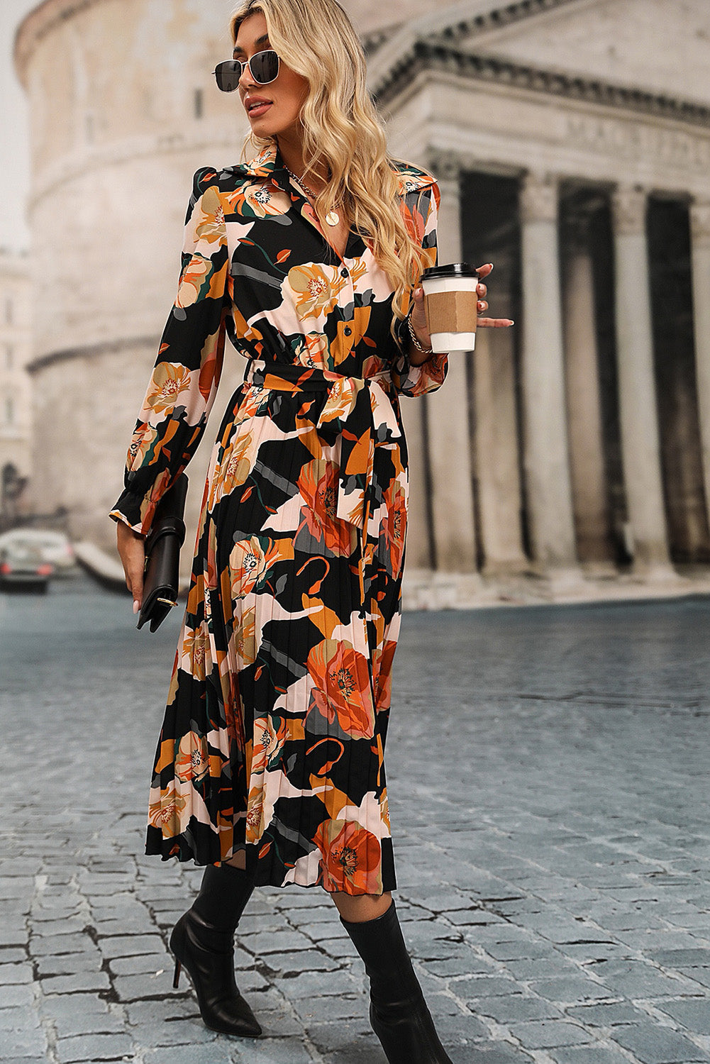 Floral Print Waist Tie Pleated Midi Shirt Dress