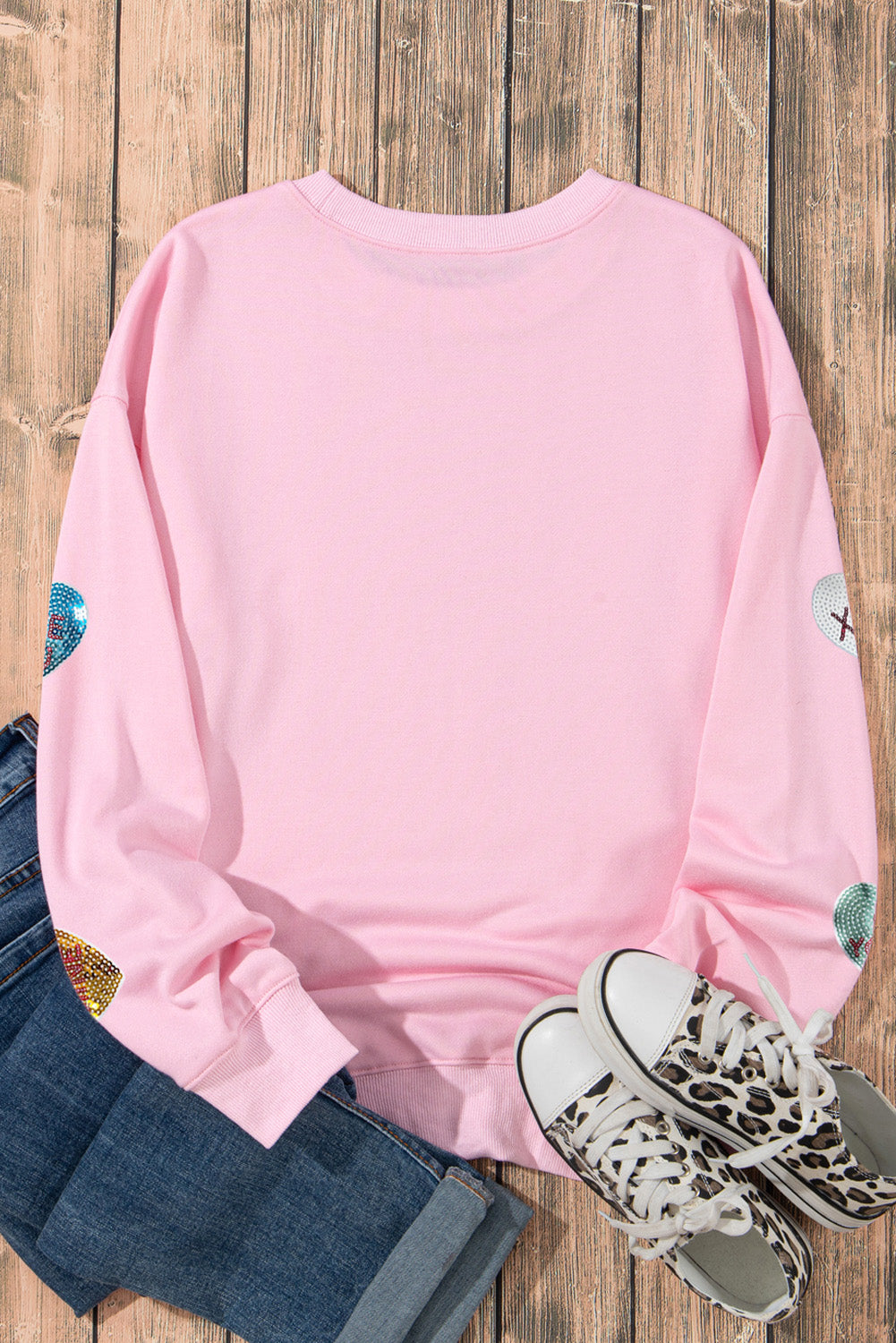 Pink Sequin Romantic Sweet Heart Graphic Valentines Sweatshirt