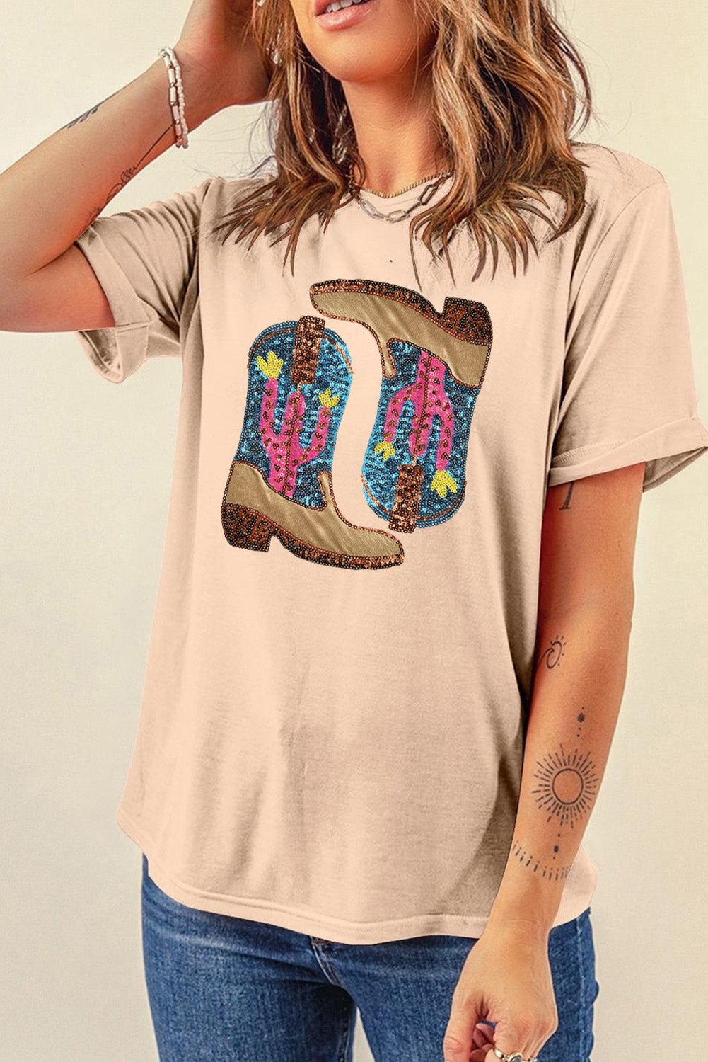 Khaki Sequined Boots Graphic Crew Neck Tee