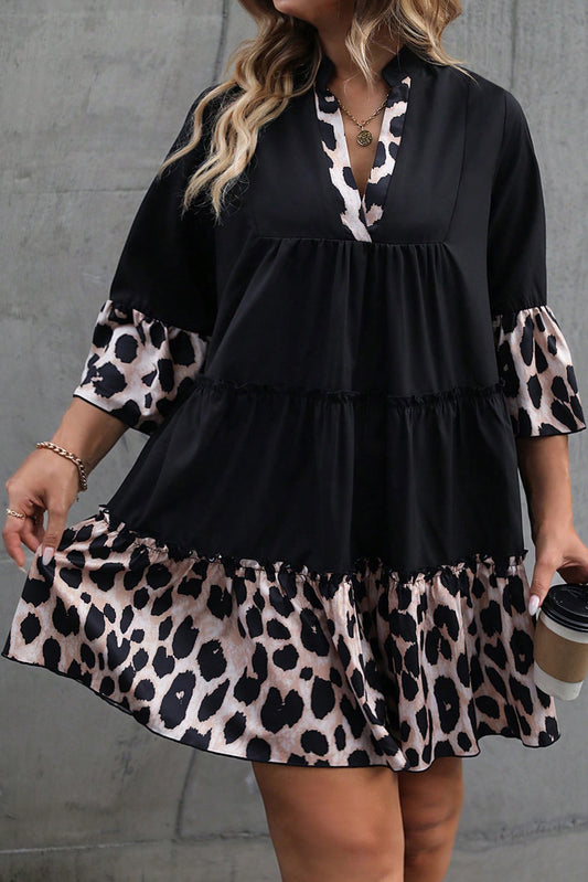 Leopard Patchwork Split Neck Ruffle Plus Size Dress