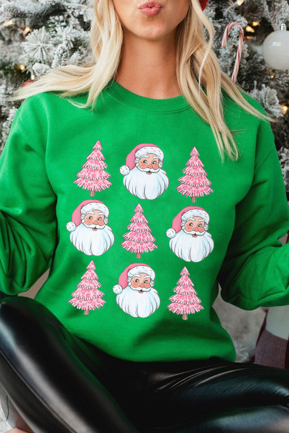 Dark Green Santa Claus Christmas Tree Graphic Sweatshirt