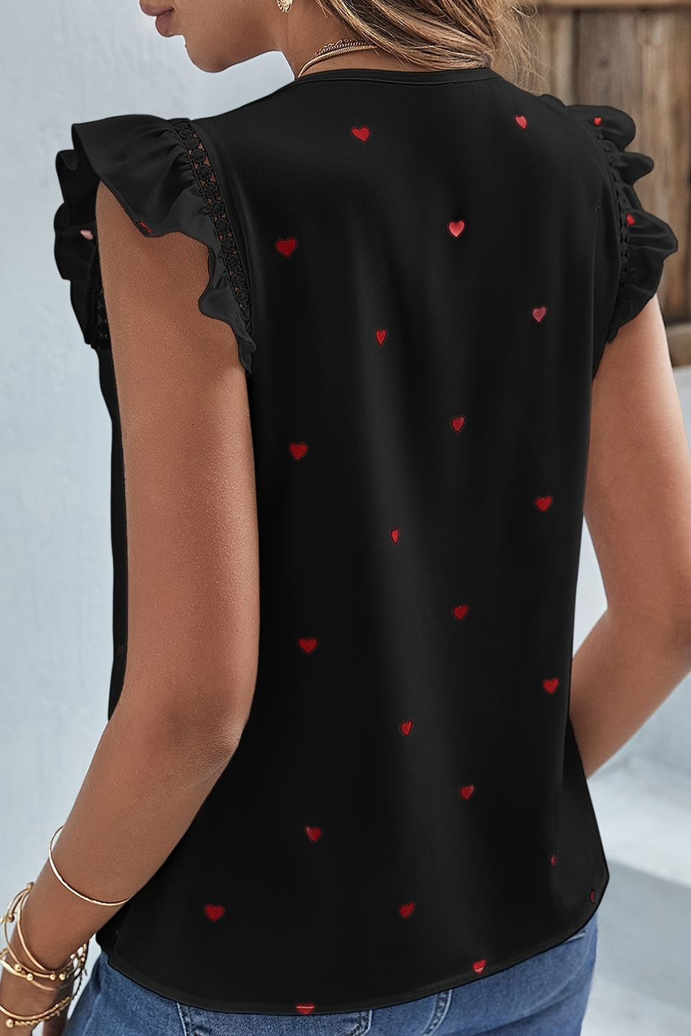 Black V-neck Lace Detail Heart Print Sleeveless Top