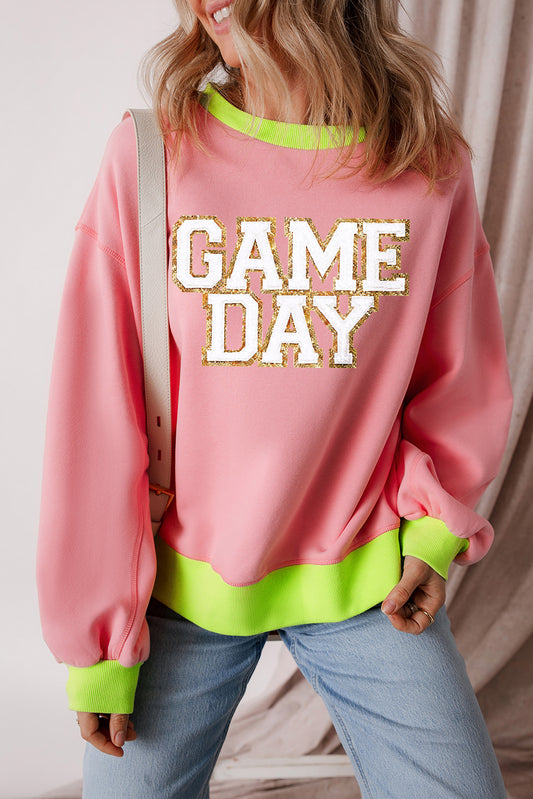 Pink GAME DAY Graphic Color Block Crew Neck Sweatshirt