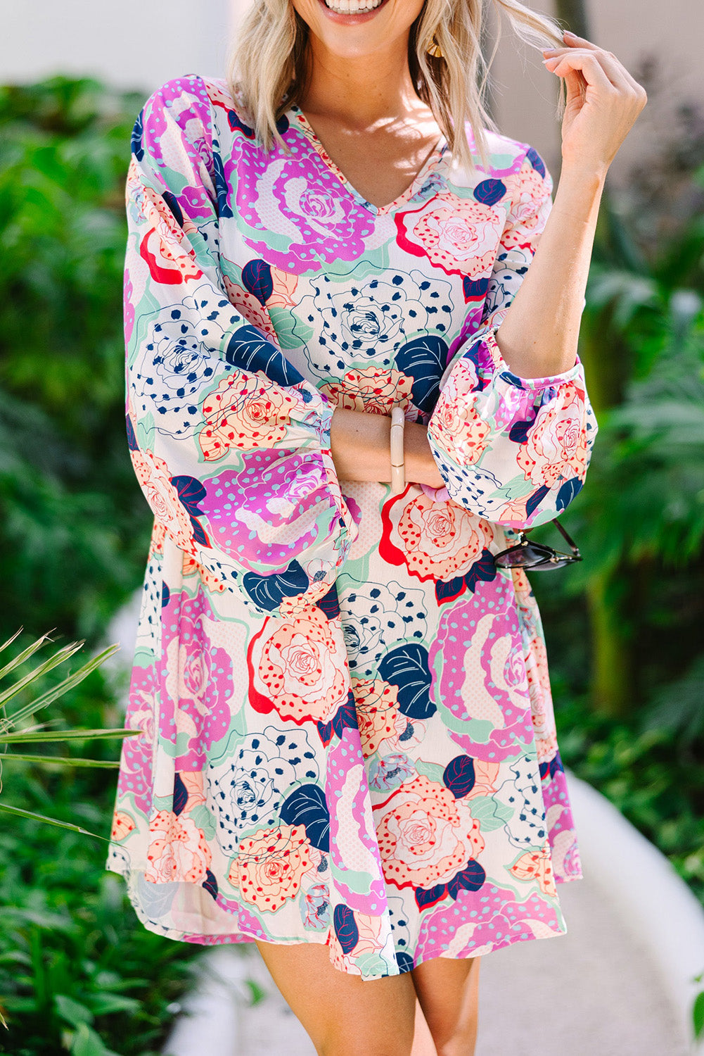 Bracelet Bubble Sleeve Blooming Flower Print Dress