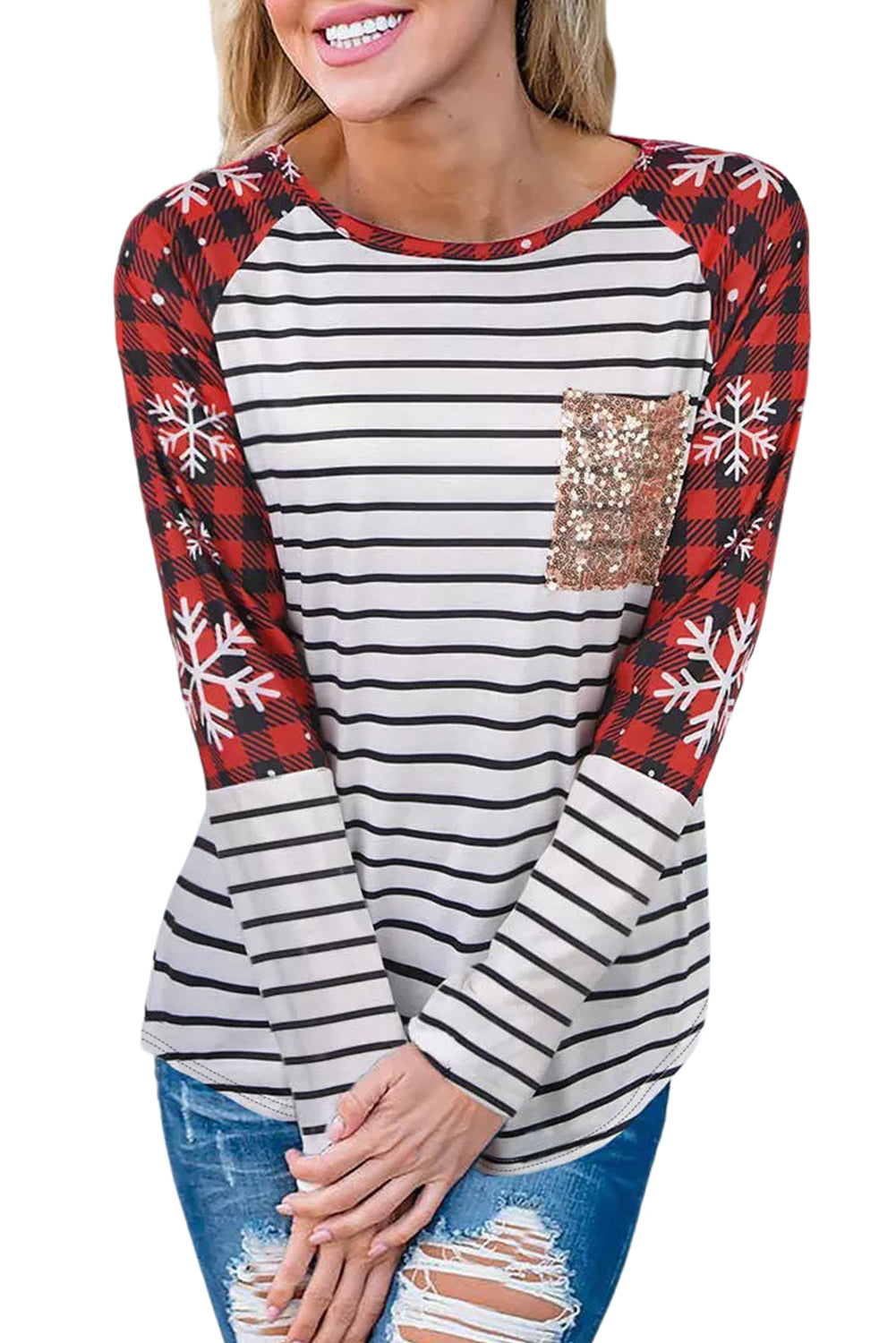 Stripe Christmas Plaid Striped Patchwork Long Sleeve Top
