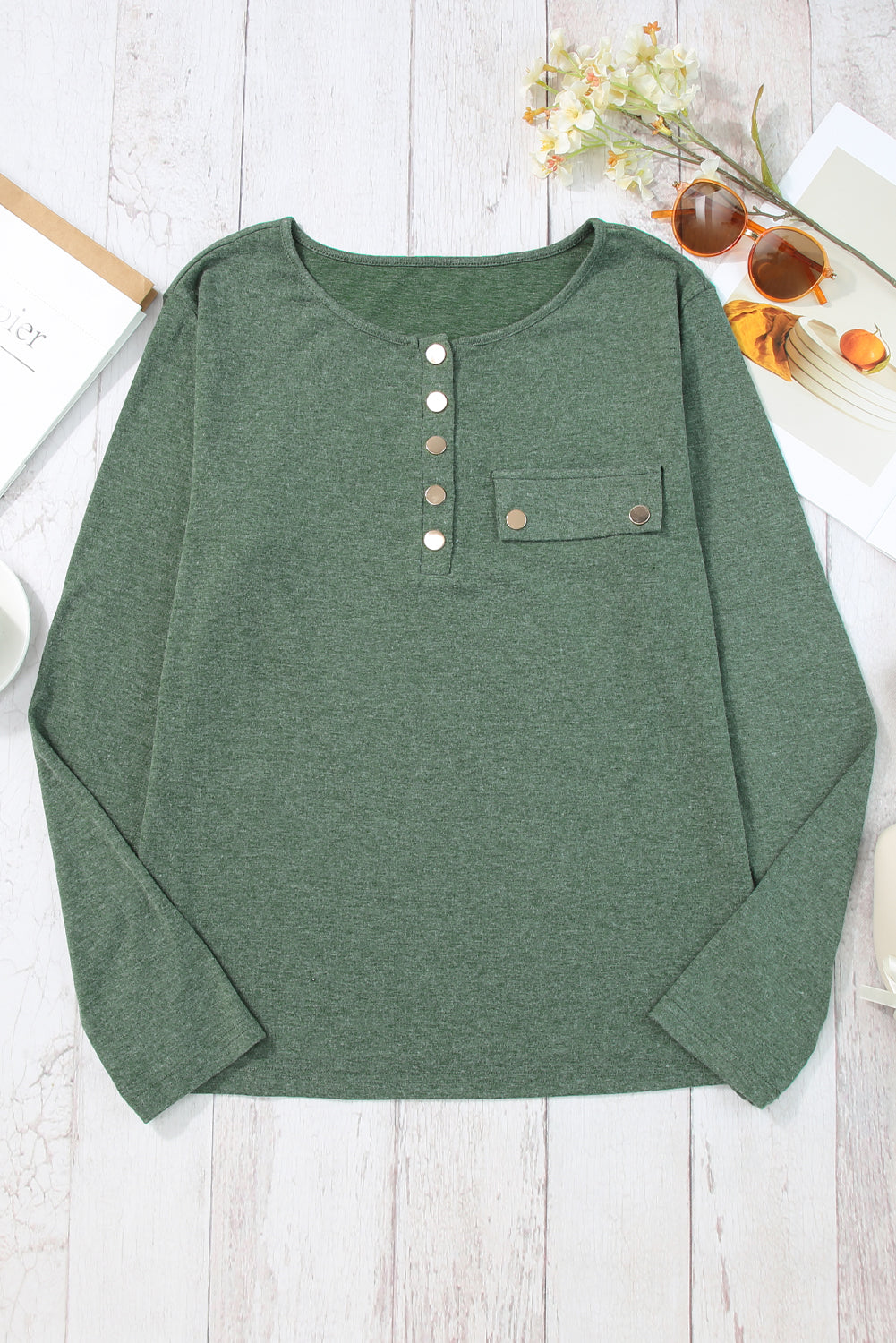 Real Teal Long Sleeve Snap Button Henley Top