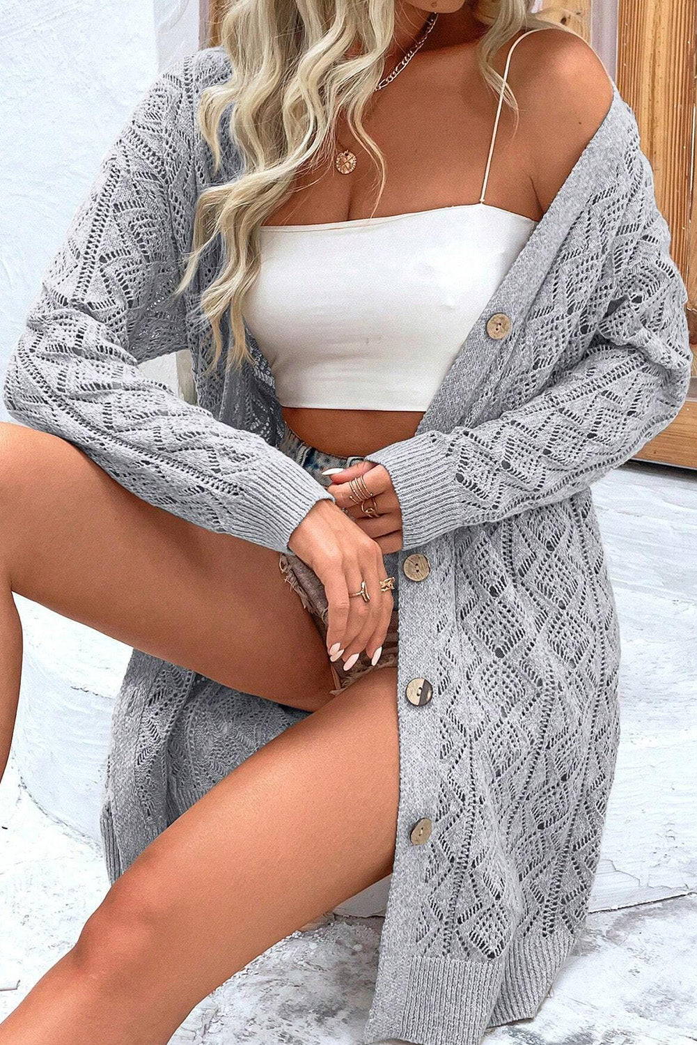 Hollow Out Button Front Long Cardigan