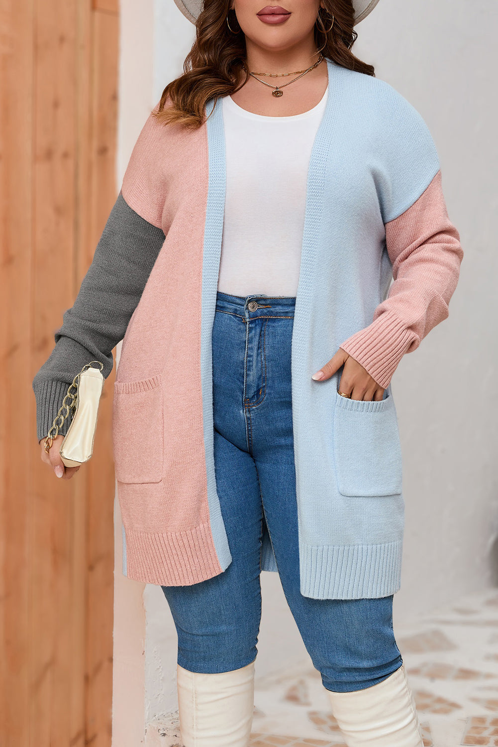 Multicolor Plus Size Colorblock Pocketed Open Front Cardigan