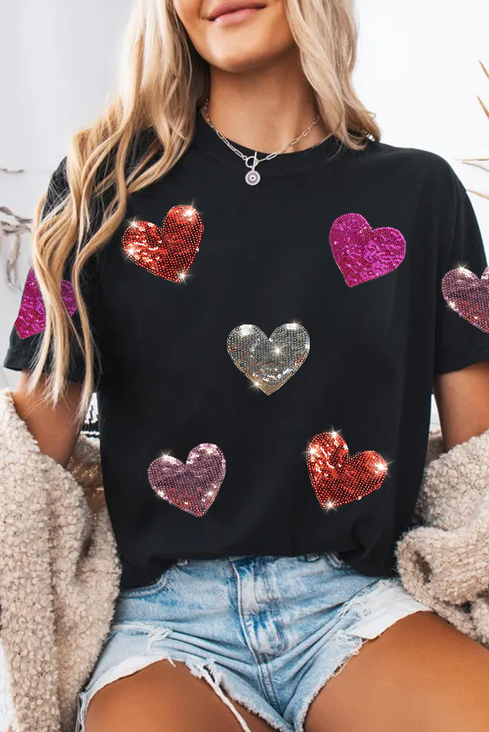 Black Sequin Heart Pattern Crewneck Valentines Tee