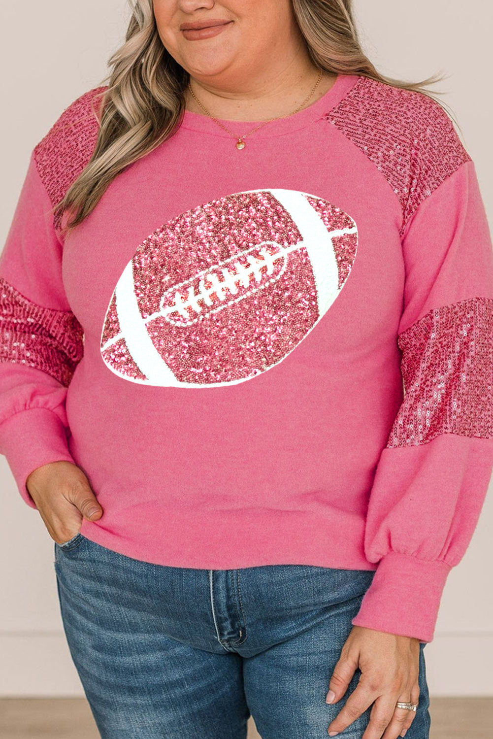 Pink Rugby Graphic Sequin Patched O Neck Plus Size T Shirt