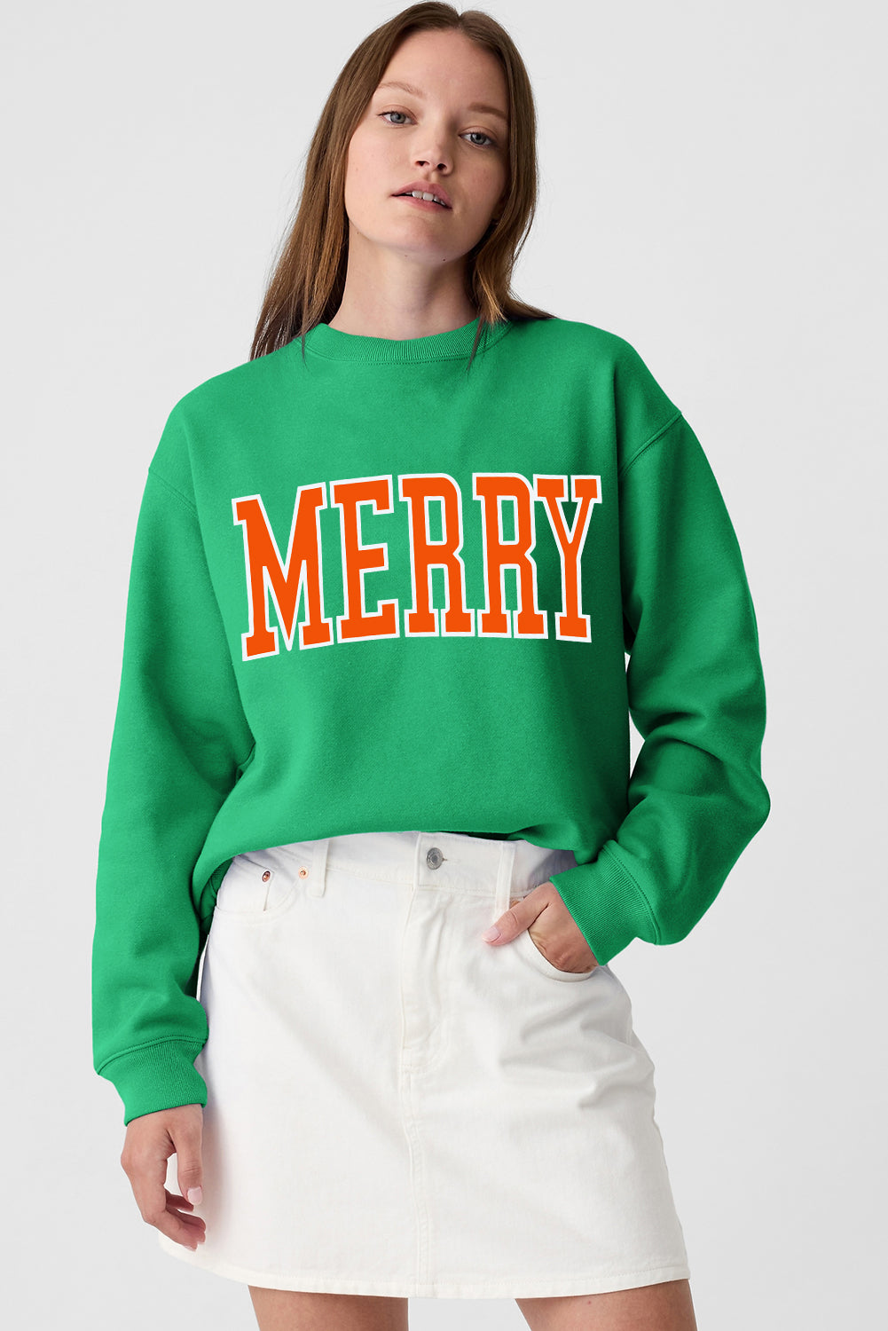 Green MERRY Graphic Drop Shoulder Pullover Sweatshirt