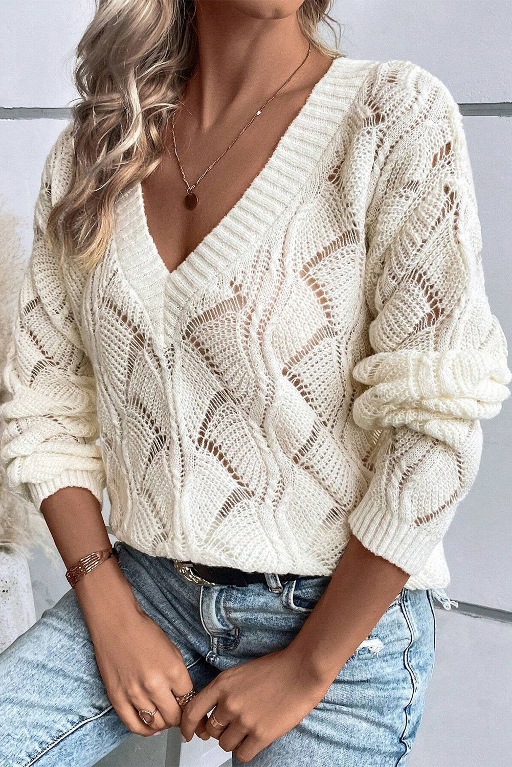 Knit Hollow Out V Neck Drop Shoulder Sweater