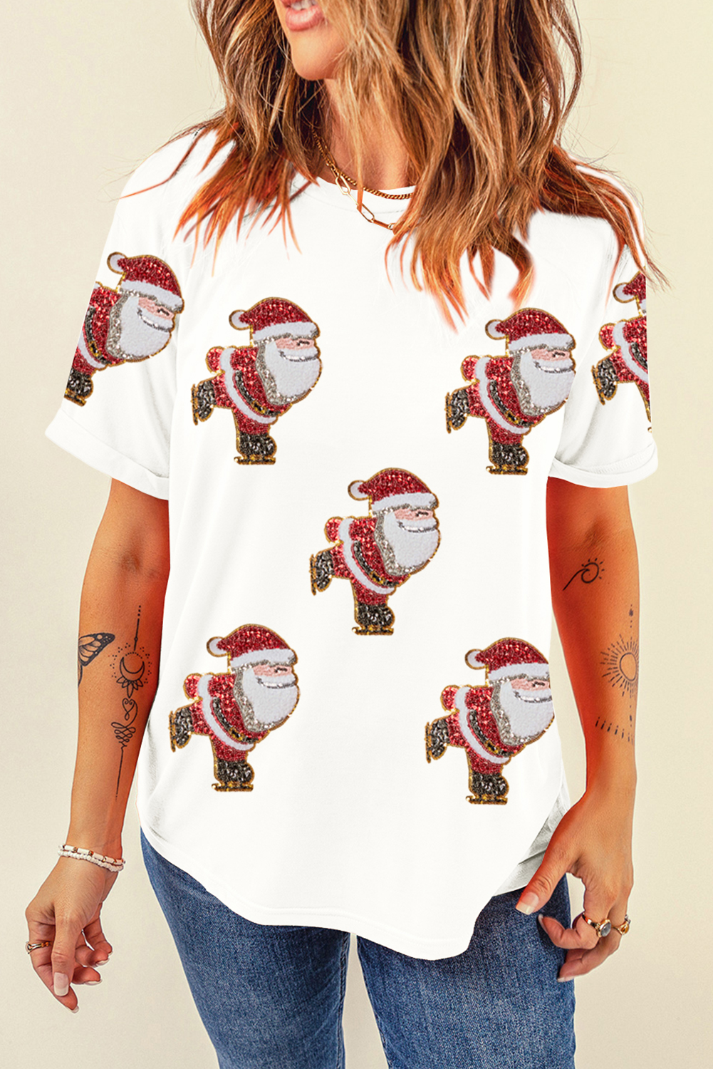 White Shimmer Santa Clause Skiing Crewneck T Shirt